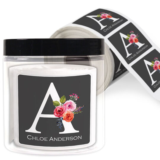 Charcoal Initial Rose Square Gift Stickers in a Jar